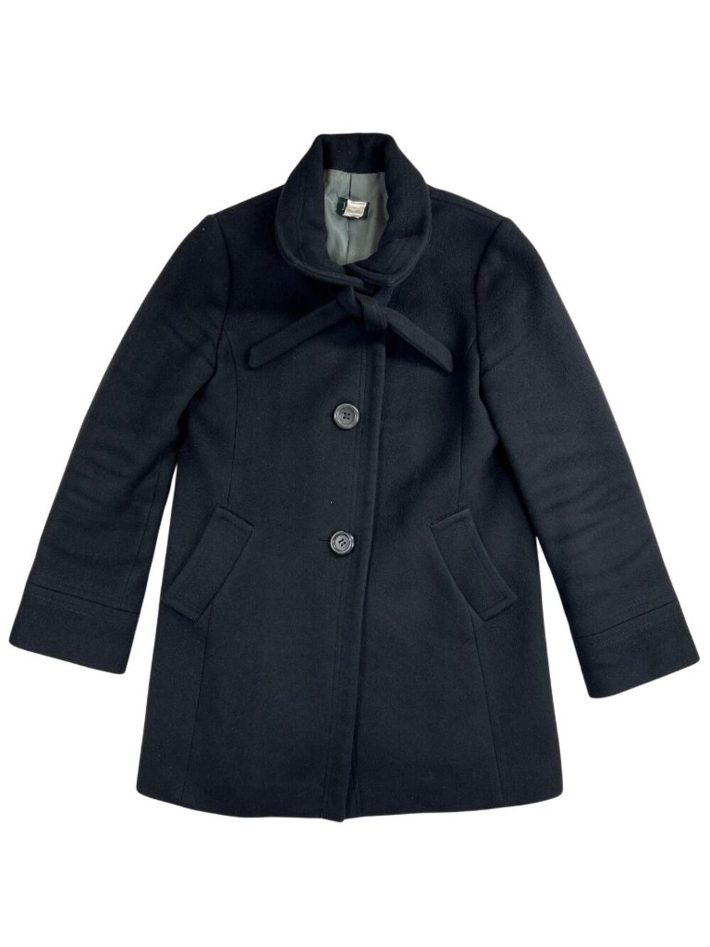 J.Crew Wool Cashmere Overcoat Women's Size 6 Black Button Front Bow-Neck Classic